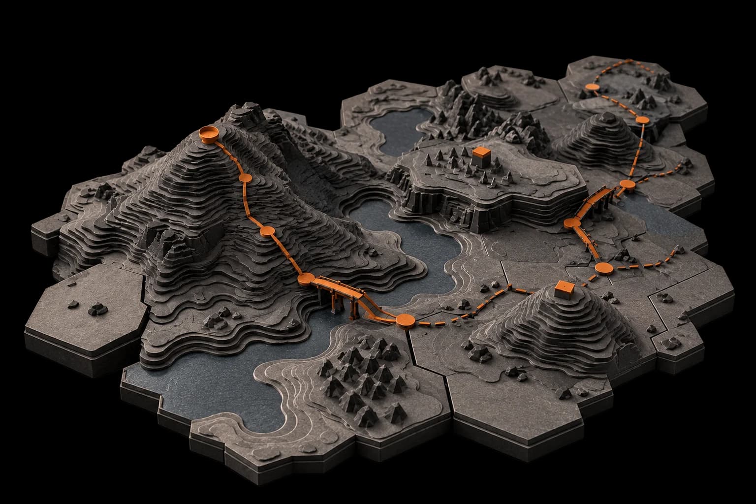 Editorial illustration of a layered terrain prototype with orange route markers